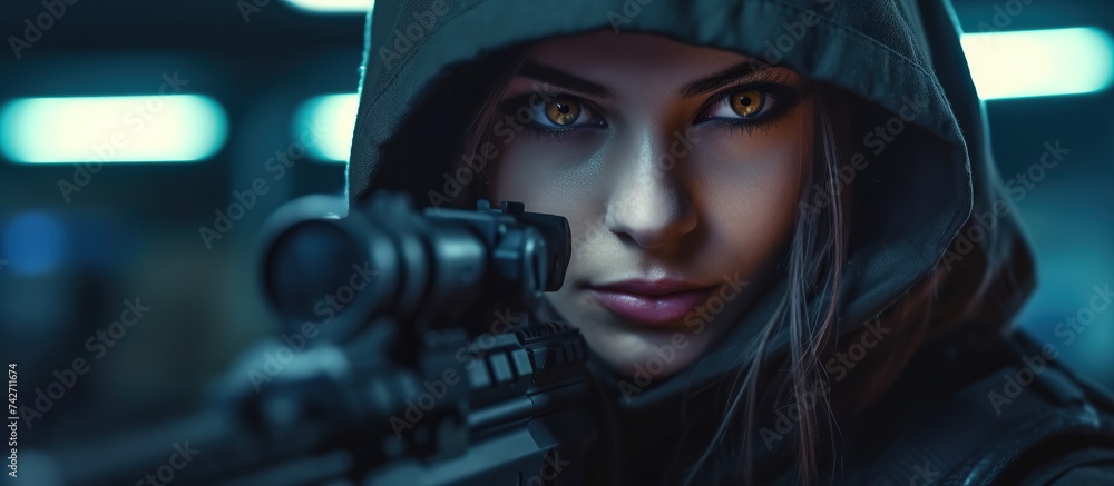 Futuristic woman wears a jacket and carries a rifle to target enemies. Generative AI. Futuristic woman wears a jacket and carries a rifle to target enemies. Generative AI.