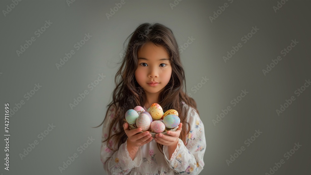 Cute little asian girl with Easter eggs on grey background. Happy easter concept. Cute little asian girl with Easter eggs on grey background. Happy easter concept.