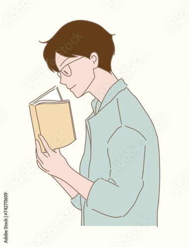 Shortsighted man wearing glasses, having difficulty to see text. Smart guy holding, reading book. Eyesight and vision bad problem health. Hand drawn flat cartoon character vector illustration.