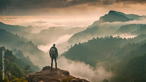 Active man stands on top of mountain, gazing out at vast valley below him photo