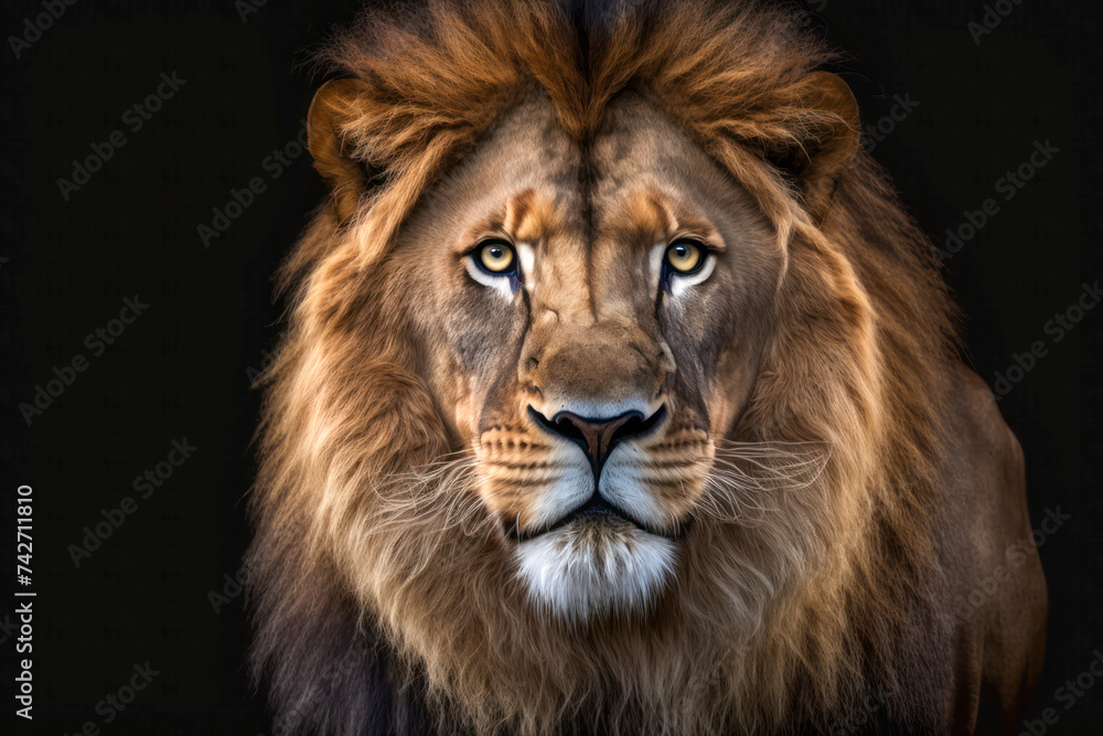 Portrait of a beautiful lion on dark background. Animal on black background. Generative AI