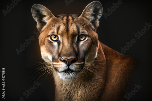 Puma close up portrait with beautiful eyes. Animal on black background. Generative AI