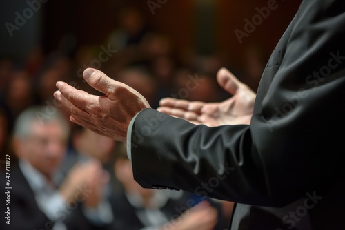 Closeup Businessman hand presentation in front of audience 