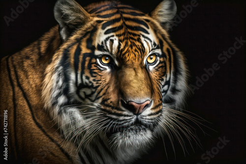 Portrait of a beautiful tiger. Big cat close-up. Tiger looking at you from the dark. Animal on black background. Generative AI © Yaroslav