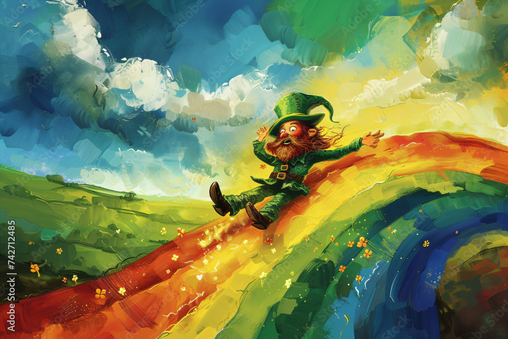 Excited leprechaun sliding down rainbow in colorful landscape. Action ...
