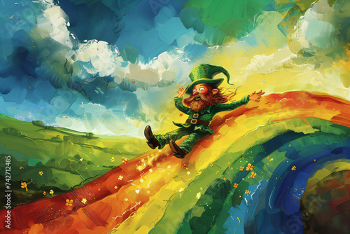 Excited leprechaun sliding down rainbow in colorful landscape. Action-packed illustration of folklore character. Adventure and luck concept for children's literature and Saint Patrick's Day celebratio photo