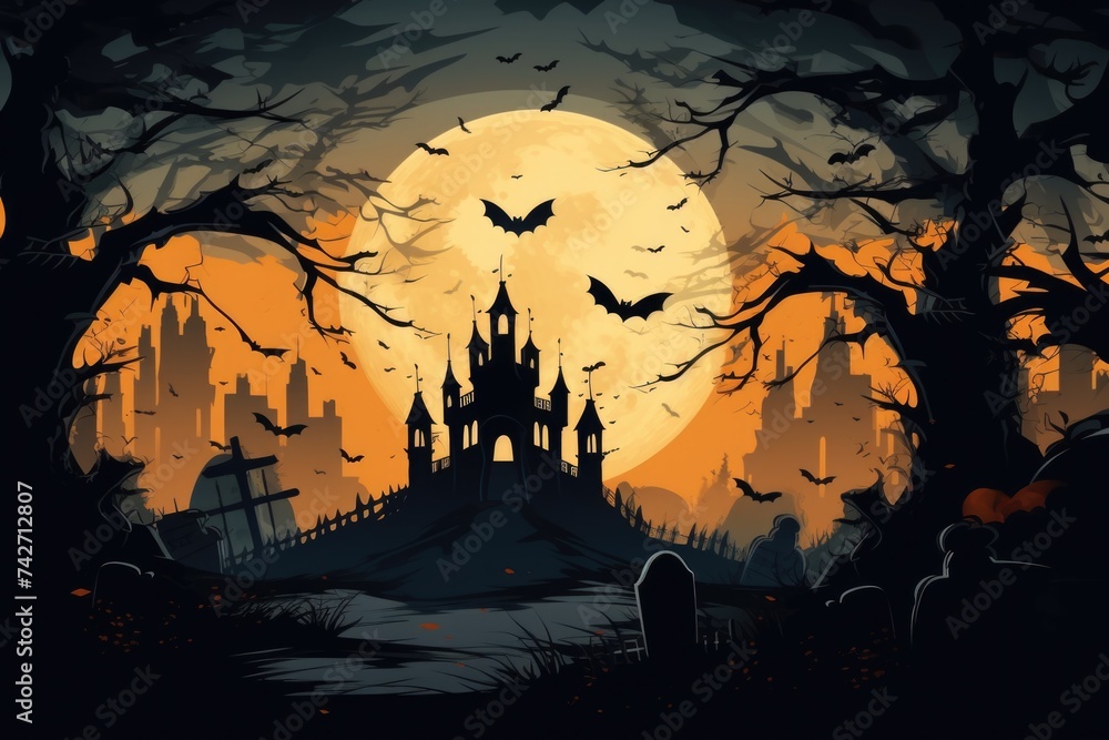 A castle surrounded by trees with bats flying in the sky. Suitable for Halloween themes