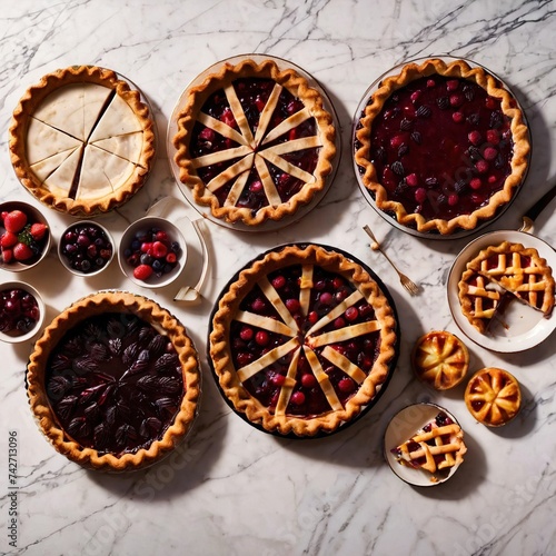 Overhead photo of different pies, tarts, and deserts on white marble table