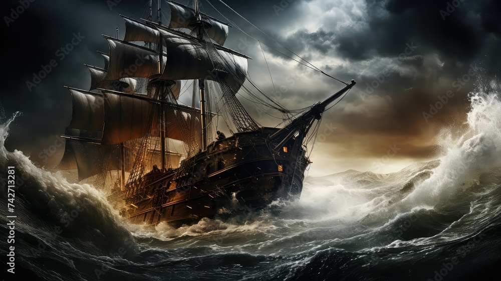 adventure pirate ship storm - obrazy, fototapety, plakaty 
