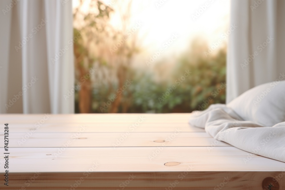 A wooden table covered with a blanket, suitable for home decor A wooden table covered with a blanket, suitable for home decor