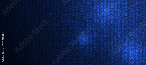 Abstract futuristic technology hexagon pattern with glowing lights, hexagon elements on dark blue background.