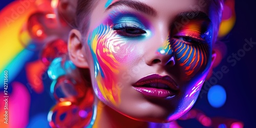 Close up of a woman with vibrant and colorful makeup  perfect for beauty and fashion concepts