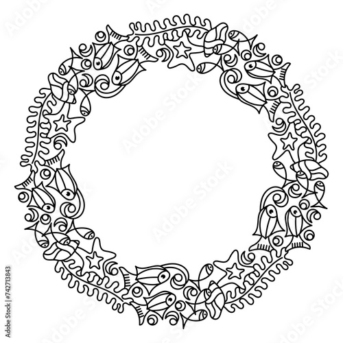 Coloring book page for adult , Under water. Round Marine vector frame . Doodle of the underwater world . Fish and plants, Monochrome. Aquariums.