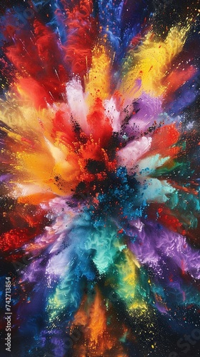 Explosion of bright colorful paint on black background  burst of multicolored powder  abstract pattern of colored dust splash