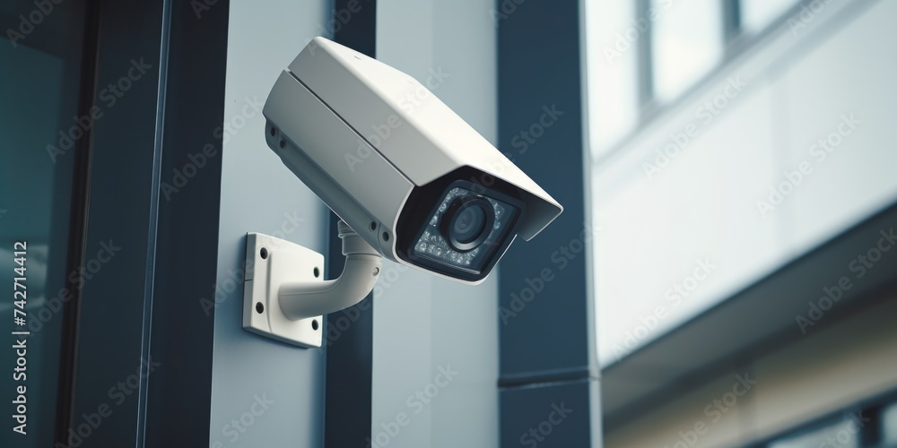 A security camera mounted on a building. Useful for surveillance concepts A security camera mounted on a building. Useful for surveillance concepts