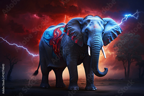 elephant with red blue lightning background