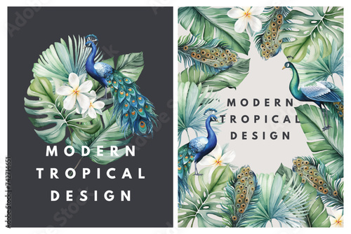 Floral vector watercolor frames and bouquets of tropical peacock feathers, leaves and flowers for greeting or invitation