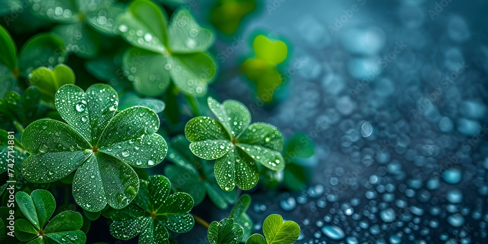 Vibrant green shamrocks symbolizing luck and St Patricks Day celebration. Concept St, Patrick's Day, Green Shamrocks, Celebration, Luck, Festive Symbols - obrazy, fototapety, plakaty 