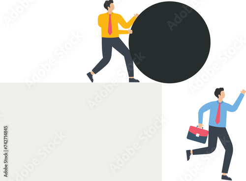 The evil businessman tries to push the iron ball from the height and hit his comrade, Premeditated and murdered or betrayal and crisis concept,


