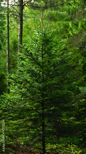 A solitary pine tree stands tall  glistening with dew in the soft morning light.