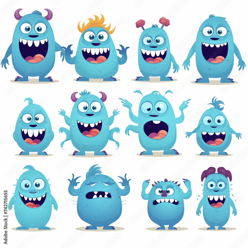 Fototapeta premium Set of funny blue monsters