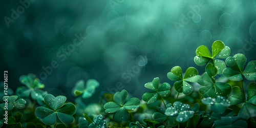St Paddys Day celebration banner featuring lucky fourleaf clovers on green. Concept St, Patrick's Day, Celebration, Four-Leaf Clovers, Green Theme, Lucky Charm photo