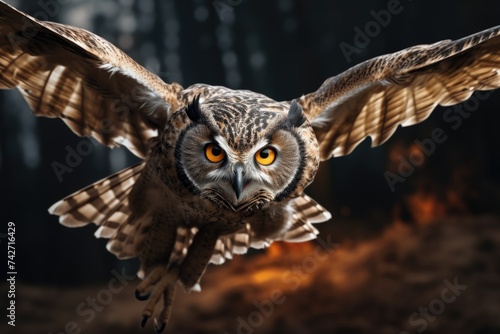 A majestic owl with yellow eyes soaring through the air. Perfect for nature and wildlife themes