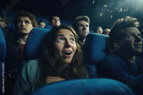 A group of people watching a movie in a theater. Ideal for entertainment industry promotions