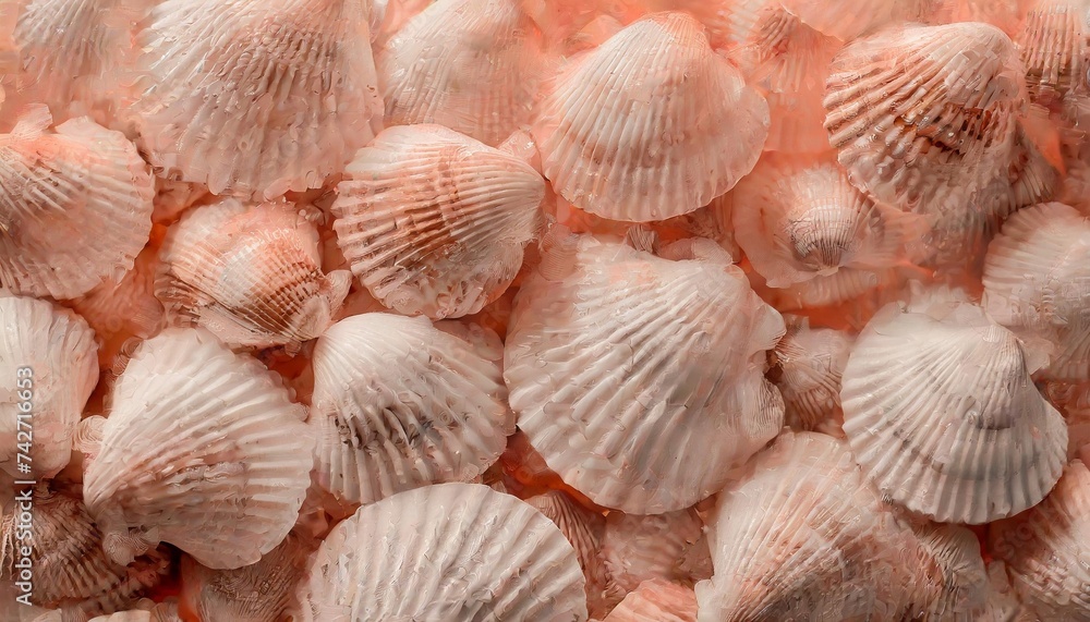 Close-up bunch of shells. Monochrome pink tone.