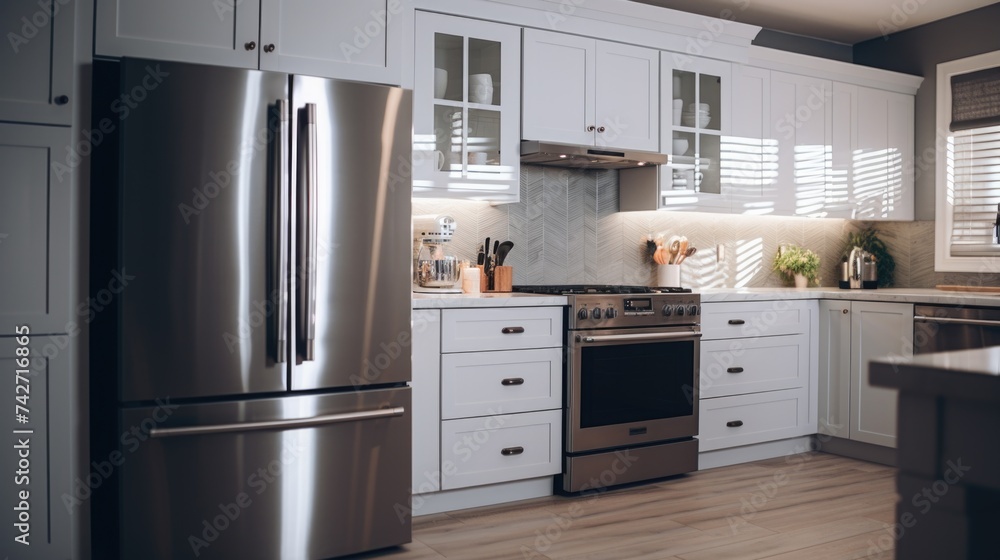Fototapeta premium A contemporary kitchen featuring stainless steel appliances. Suitable for interior design concepts