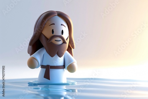 3D chibi Jesus walking on water miraculous moment captured on a crisp white background