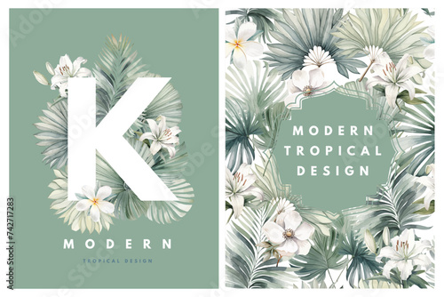 Floral vector watercolor frames and bouquets of tropical leaves and flowers for greeting or invitation cards