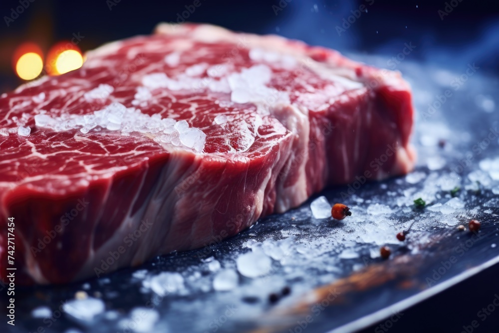 A piece of steak on a metal tray, perfect for restaurant menus A piece of steak on a metal tray, perfect for restaurant menus