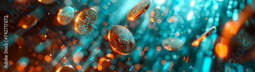Golden bitcoins falling against a vibrant teal bokeh background, depicting cryptocurrency concept.