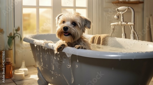 water dog in bath photo