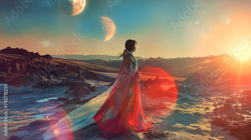 Cosmic Hanbok: Traditional Elegance on Alien Shores photo