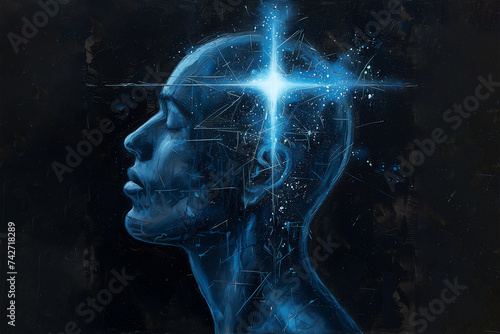 Religious male fanatic converting to the Christian religion while receiving enlightenment in the form of a cross of lightening electricity through his blue head, stock illustration image photo