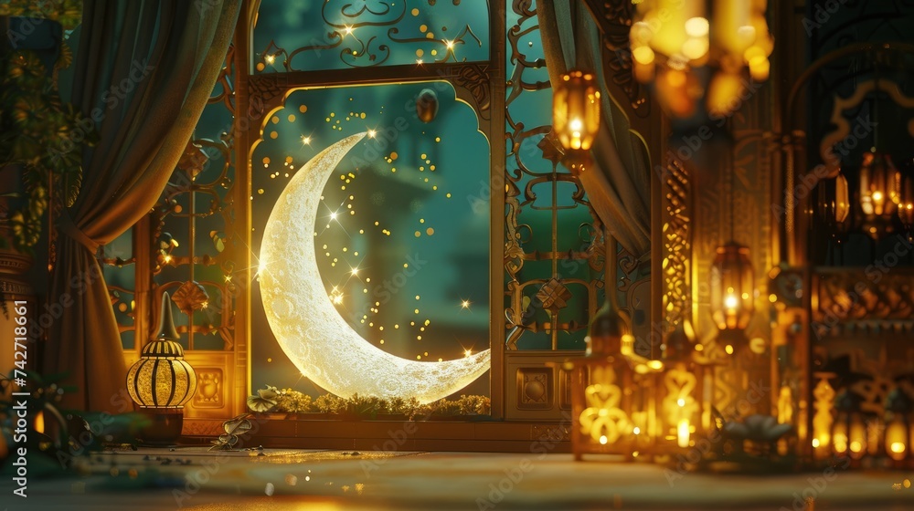 Golden crescent moon with lanterns in a mosque. Ramadan Kareem background Golden crescent moon with lanterns in a mosque. Ramadan Kareem background