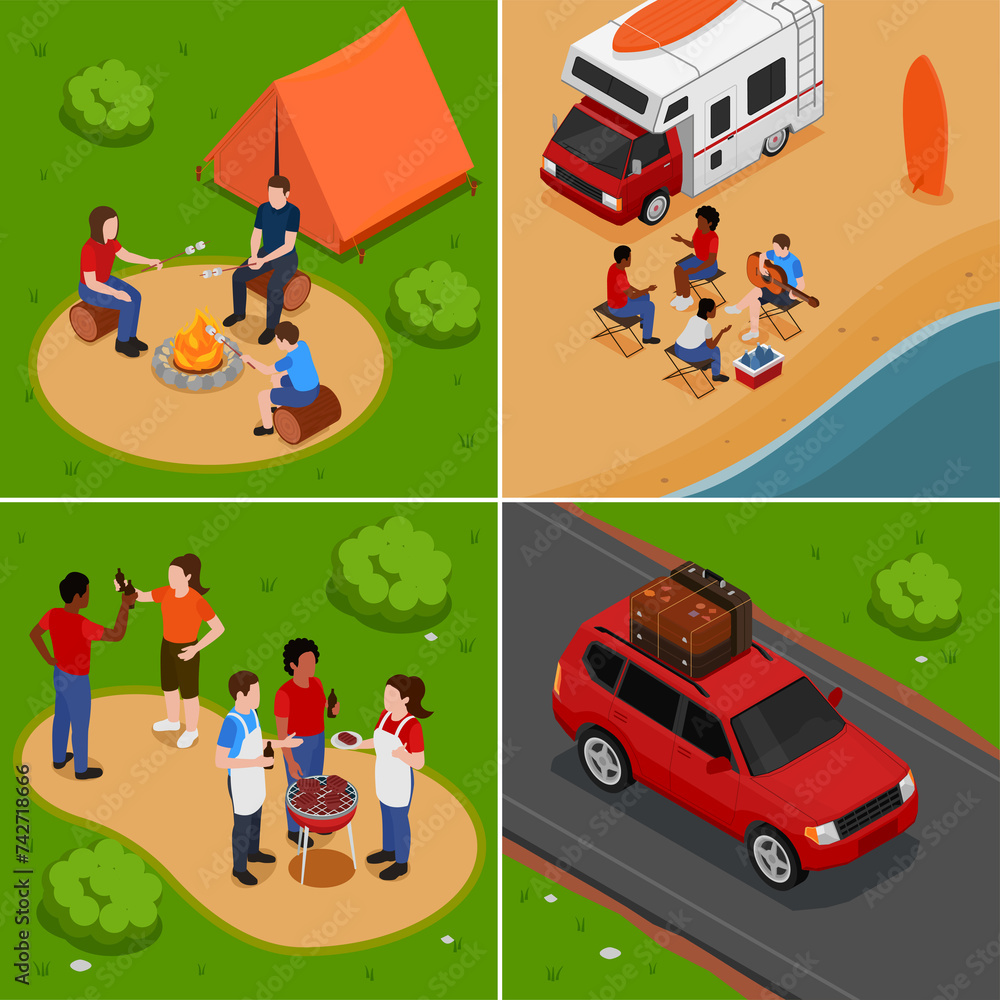 Isometric picnic square illustration set with families having lunch in a park and on the beach Isometric picnic square illustration set with families having lunch in a park and on the beach
