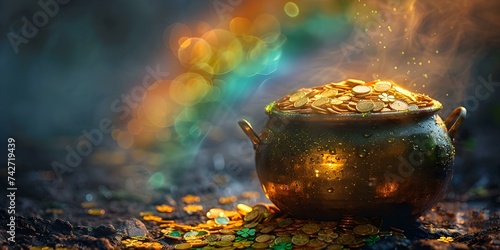 St Patricks Day magic Pot of gold rainbow leprechauns treasure trove. Concept St, Patrick's Day, Magic Pot of Gold, Rainbow, Leprechauns, Treasure Trove