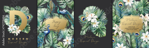 Floral vector watercolor frames and bouquets of tropical peacock feathers, leaves and flowers for greeting or invitation