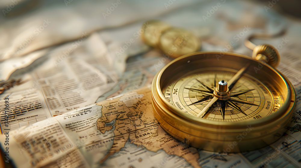 Vintage compass on ancient map, exploration and adventure concept.