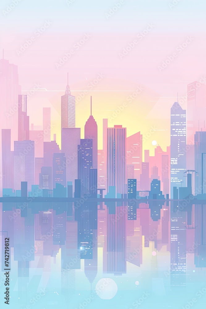 2d flat illustration abstract vector graphic design of a city skyline with modern high rise buildings 