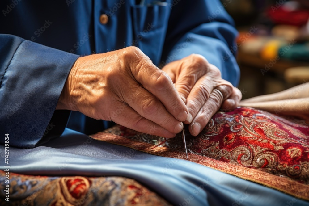 Close-up of a person working on a piece of cloth, suitable for fashion or textile industry projects
