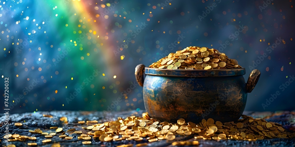 Magical St Patrick's Day: Pot of Gold, Rainbow, Leprechauns, Treasure Trove. Concept St Patrick's Day, Pot of Gold, Rainbow, Leprechauns, Treasure Trove - obrazy, fototapety, plakaty 