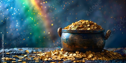 Magical St Patrick's Day: Pot of Gold, Rainbow, Leprechauns, Treasure Trove. Concept St Patrick's Day, Pot of Gold, Rainbow, Leprechauns, Treasure Trove