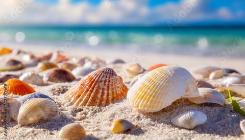 Close-up bunch of shells on the sea shore. Sandy beach. Ocean view © hardvicore