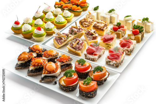 An elegant display of assorted canapes, beautifully arranged on white platters, showcasing a variety of flavors and textures