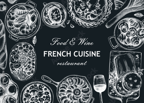 French food frame design on chalkboard. Vintage food and wine sketches. Restaurant menu template. France background. Hand-drawn vector illustration, NOT AI generated