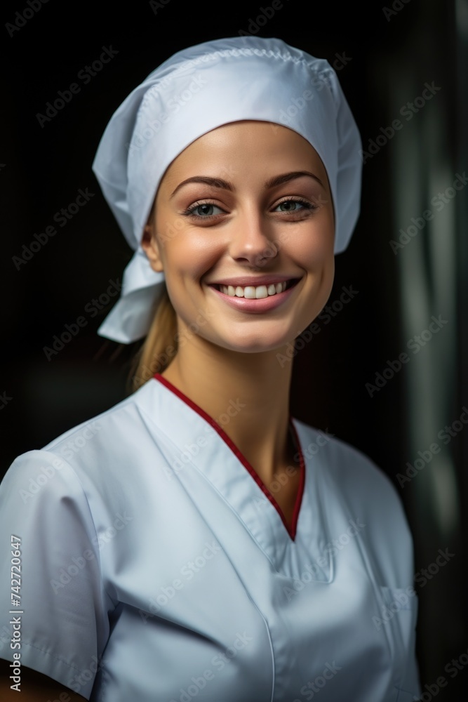 Professional female chef posing for a photo, suitable for culinary concepts Professional female chef posing for a photo, suitable for culinary concepts